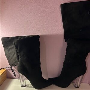 Shoe Dazzle Black Knee High Heeled Boots with Clear Heel